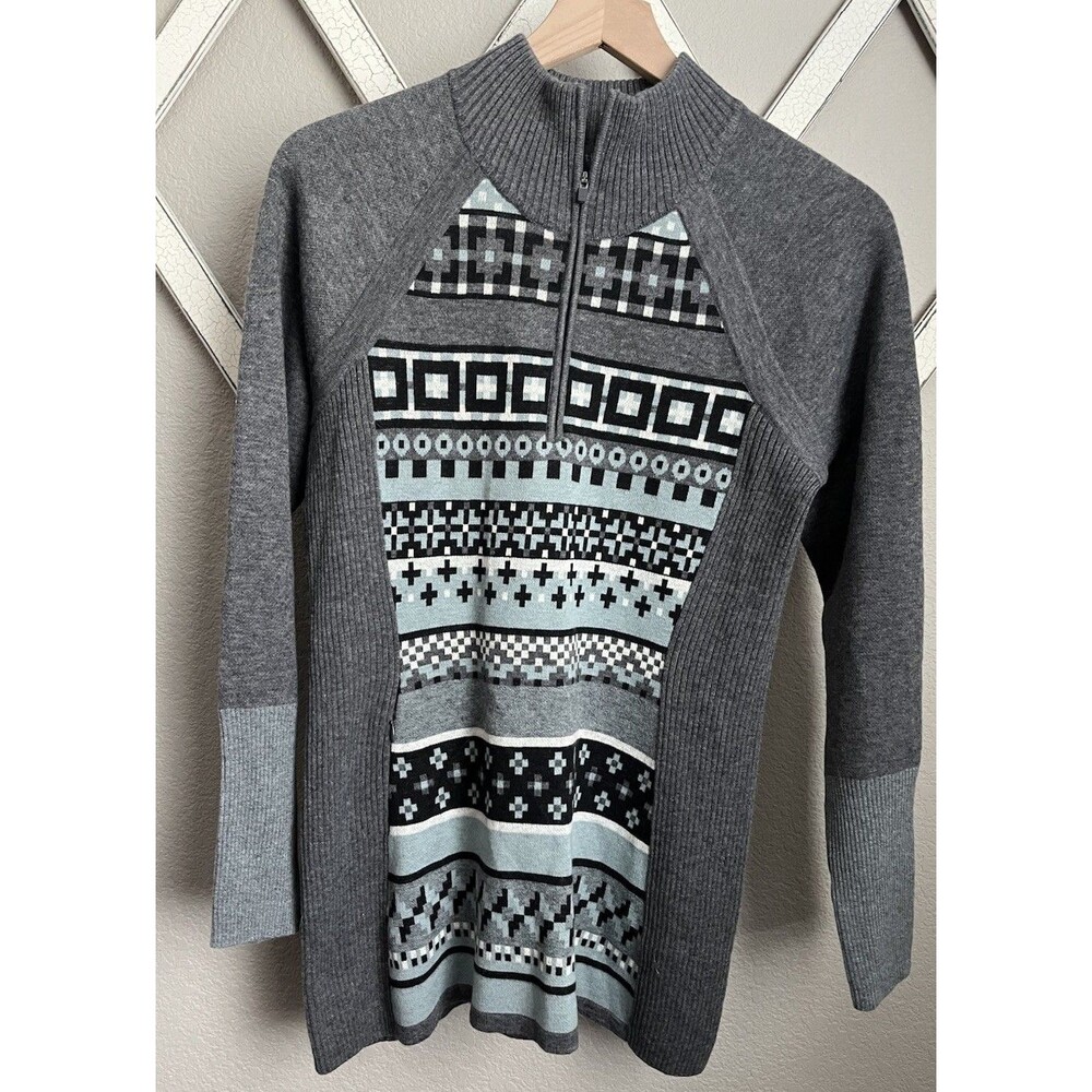 Title Nine Women's S Merino Wool Blend 1/4 Zip Fair Isle Tunic Sweater Gray